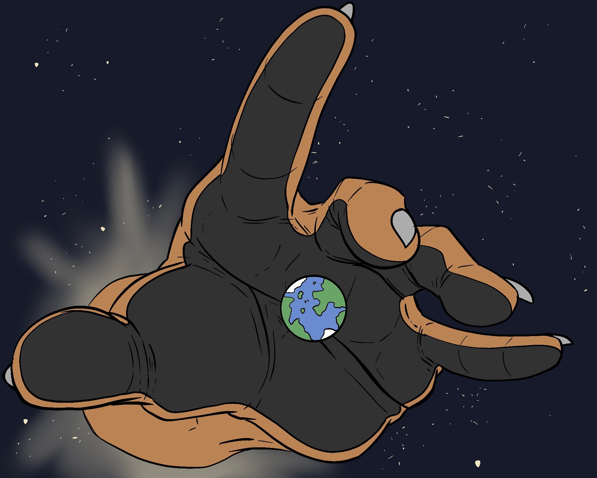 A massive hand jotting out towards the planet